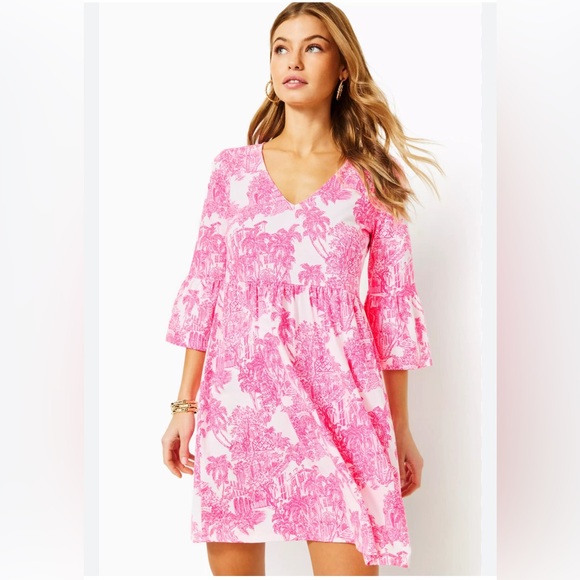 Lilly Pulitzer Dresses & Skirts - Lilly Pulitzer Jannie V-Neck Bell Sleeve Dress in Pink PB Anniversary Toile